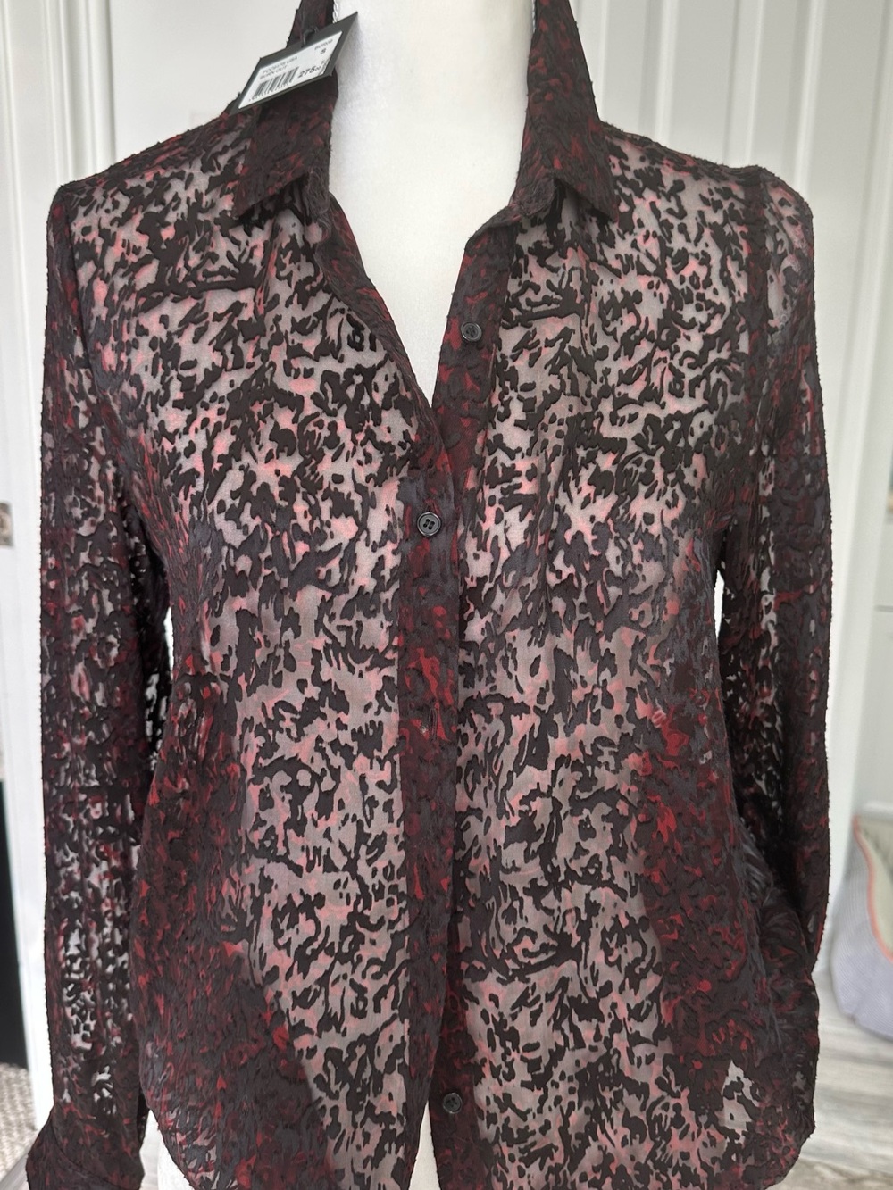 The Kooples Red and Black Silk Blend Sheer Button-Up Blouse